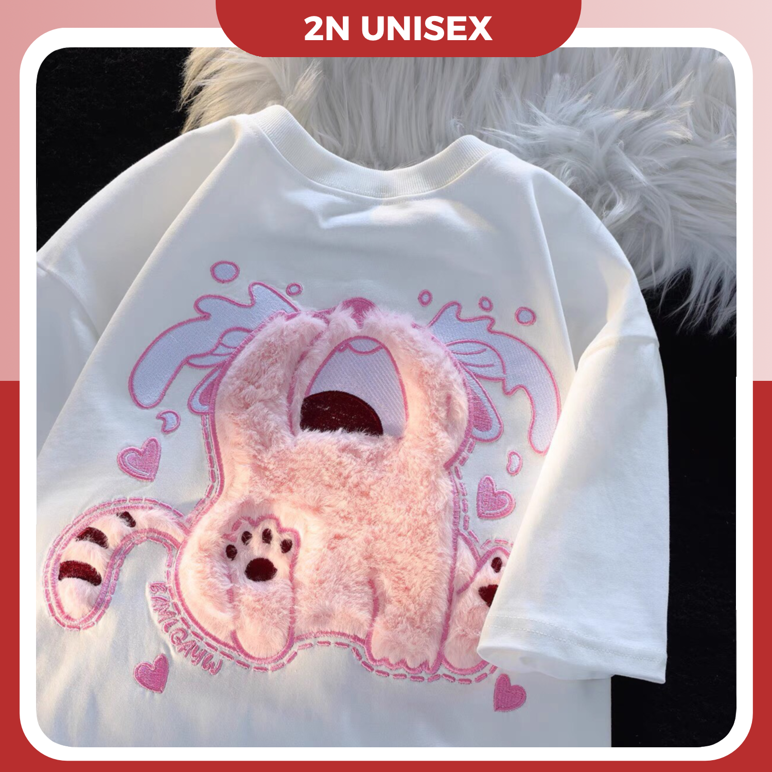 Áo phông nam nữ form rộng 2N Unisex thun cotton in hình mèo hồng thêu lông màu trắng/đen