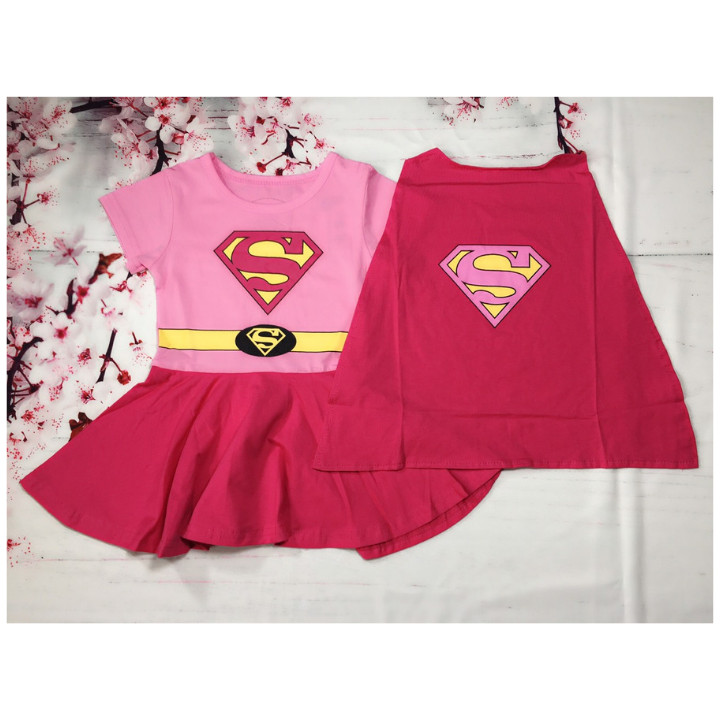 Đầm siêu nhân supergirl bé gái kèm áo choàng từ 9-27kg- thun cotton thấm hút mồ hôi, hình không bong tróc - Kiến Lửa