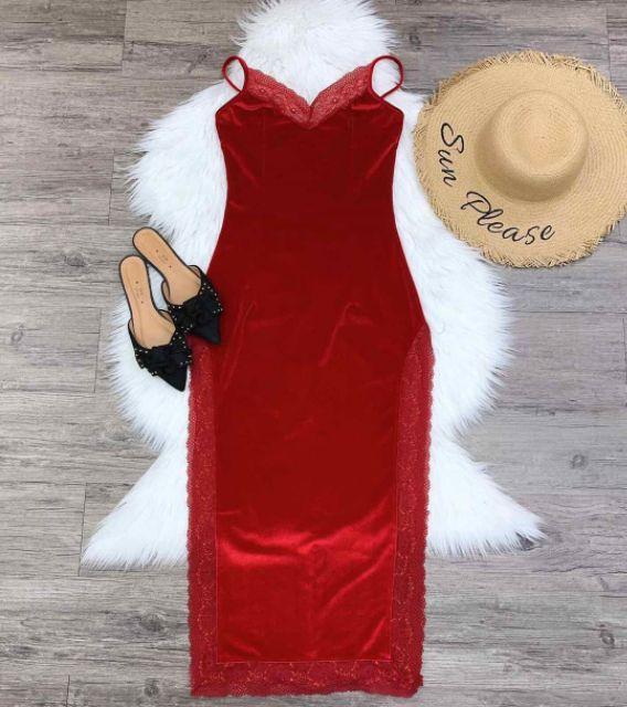 Đầm maxi 2 dây nhung viền ren