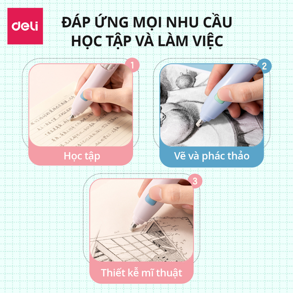 [PHIÊN BẢN MỚI] Bút tẩy điện Deli - Đánh bóng tranh vẽ, tẩy chi tiết nhỏ/to - 20 lõi thay Học sinh sinh viên văn phòng