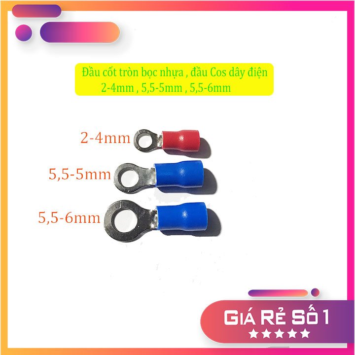 Đầu Cốt Tròn Bọc Nhựa , Cos Dây Điện Cách Điện 2-4mm 5-5,5mm 5,5-6mm (Gói 50 Cái)