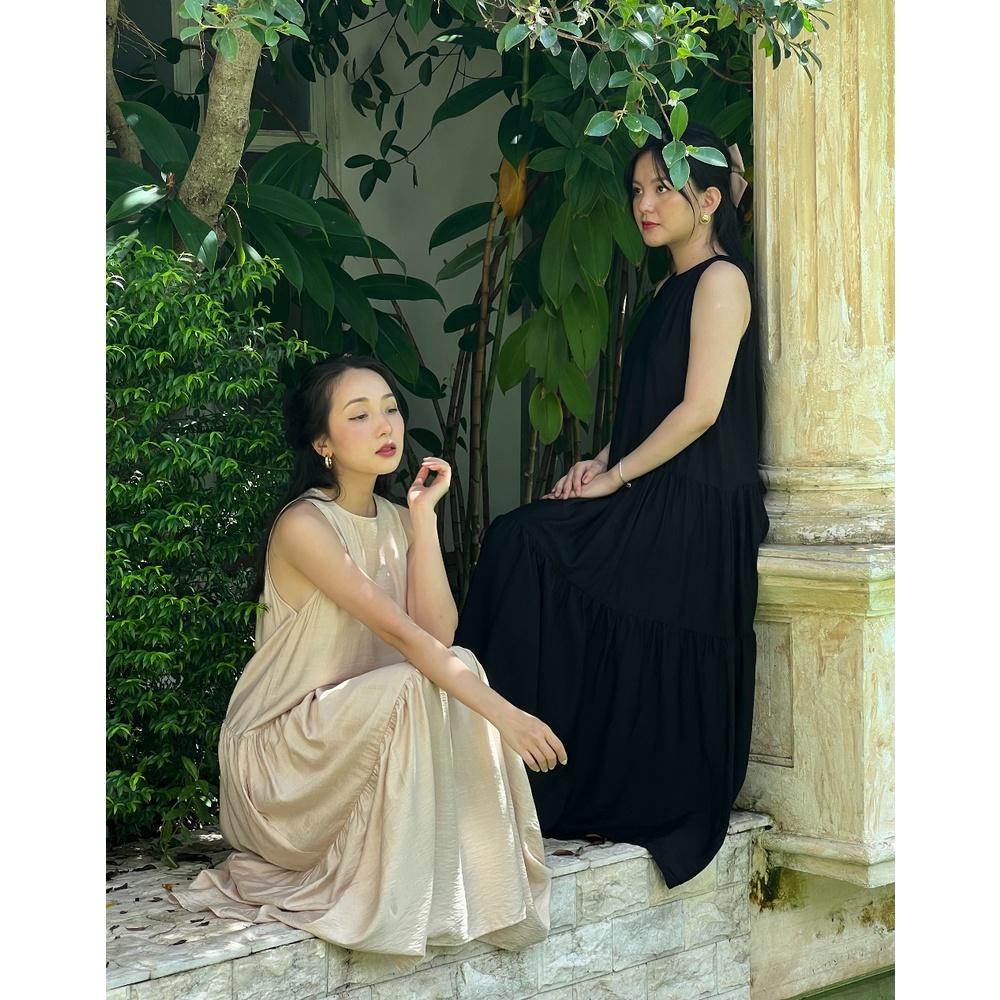 KIOBI – Đầm Hydrangea form maxi dáng suông, cổ tròn sát nách,tùng lai 2 tầng bèo, vải tơ gân xước be - KID2112369B