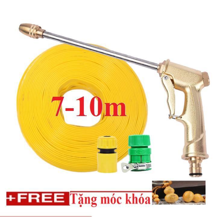 Bộ dây vòi xịt nước rửa xe, tưới cây . tăng áp 3 lần, loại 7m, 10m 206701-3 đầu đồng,cút,nối vàng +tặng móc khoá