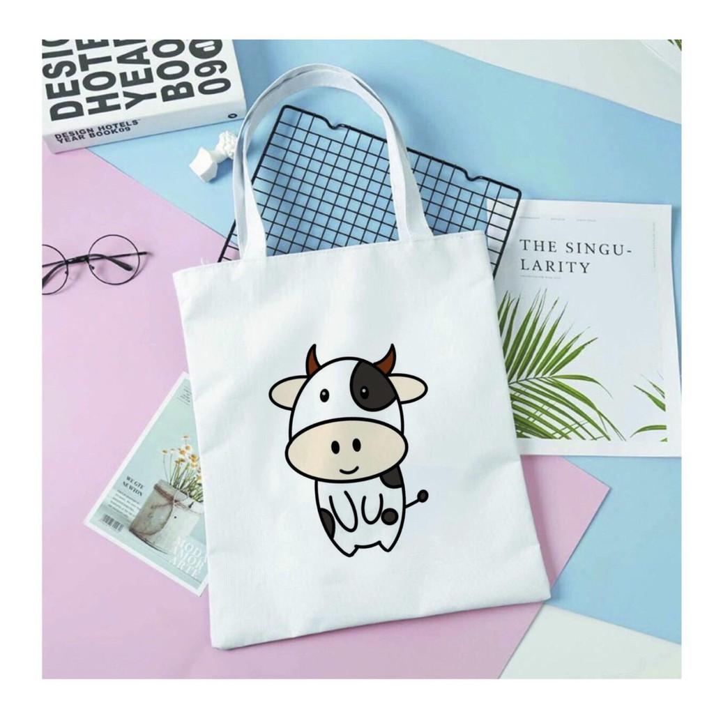Túi Tote Vải Canvas đeo vai bò sữa - Hàn Quốc Có Khóa Miệng Túi