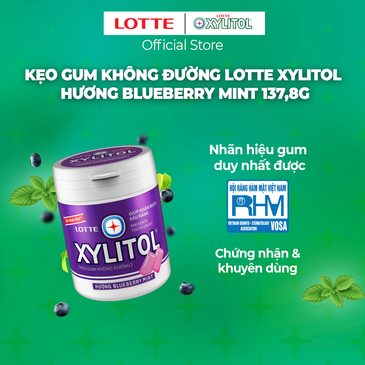 Kẹo Gum không đường Lotte Xylitol - Hương Blueberry Mint 130,5 g