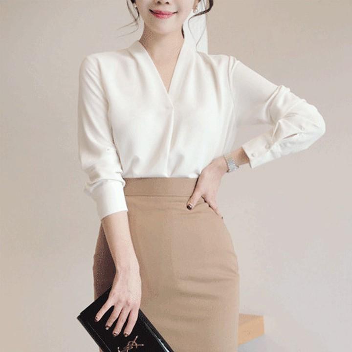Áo sơ mi nữ công sở màu trắng cổ V