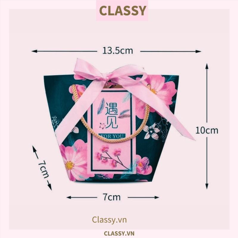 Classy Túi giấy đựng quà thắt nơ in hình dễ thương 14 X 7 X 10 CM đựng son, trang sức, quà tặng đám cưới, lễ tết (Q301)