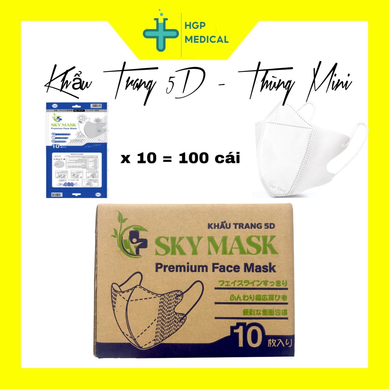 Thùng mini 100 cái - Khẩu trang 5D - kháng virus, chống bụi mịn. vải kháng khuẩn ( màu TRẮNG )