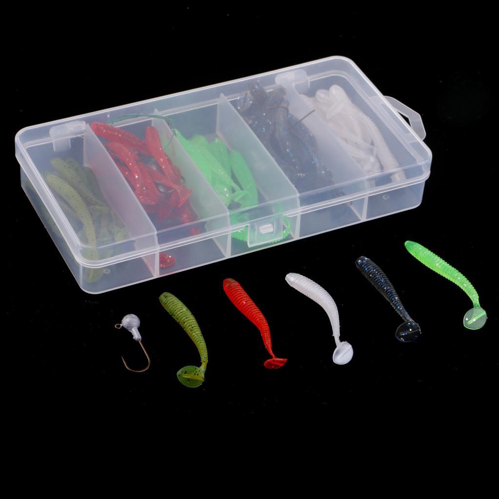 1 Box of 50pcs Bionics Soft Fishing Lures and 10pcs Lead Head Fishing Hooks