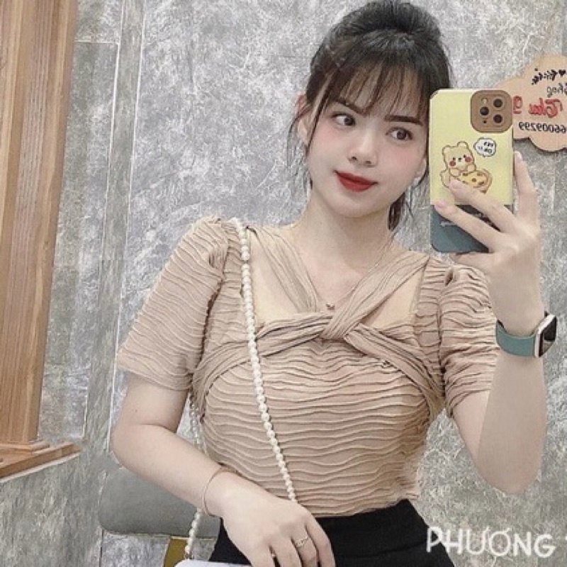 Áo kiểu nữ khoét vai chất vải thun xốp tay ngắn