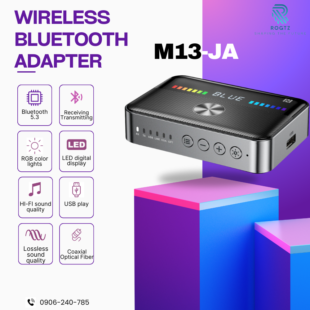 Hàng Chính Hãng - Bộ Thu Phát Bluetooth NFC M13-JA - Chip Bluetooth 5.3 Phạm Vi Kết Nối 20m Giải Mã APTX-HD TÍch Hợp DAC Cao Cấp Màn Hình LED Đèn RGB Đa Kết Nối AUX 3.5mm, RCA, Optical, Coaxial, USB Hỗ Trợ NFC Chế Độ RX TX Pin 1000mAh - ROGTZ