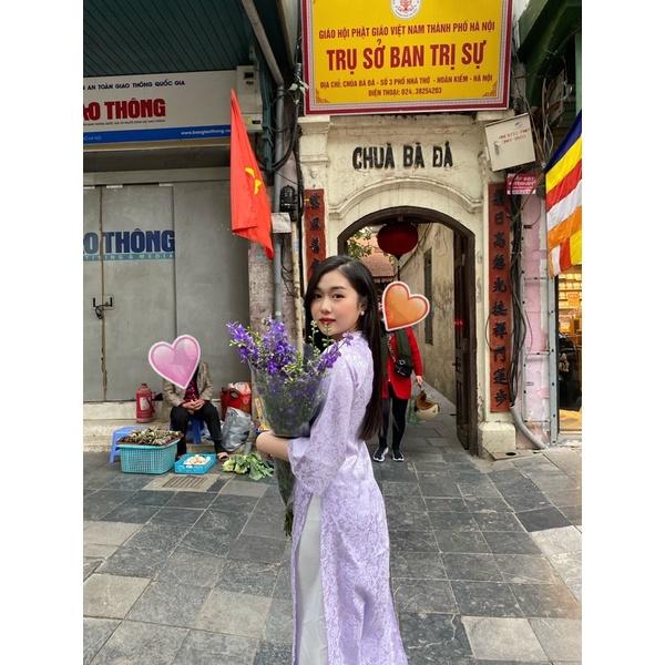 Áo dài Gấm Trà hoa - Màu Tím Pastel