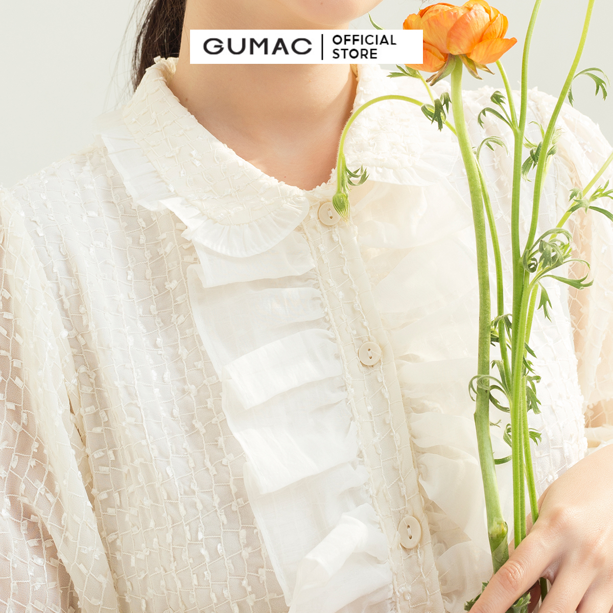 Đầm kiểu sơ mi GUMAC DC03027 form rộng nhún lai cổ sen phối bèo tao nhã