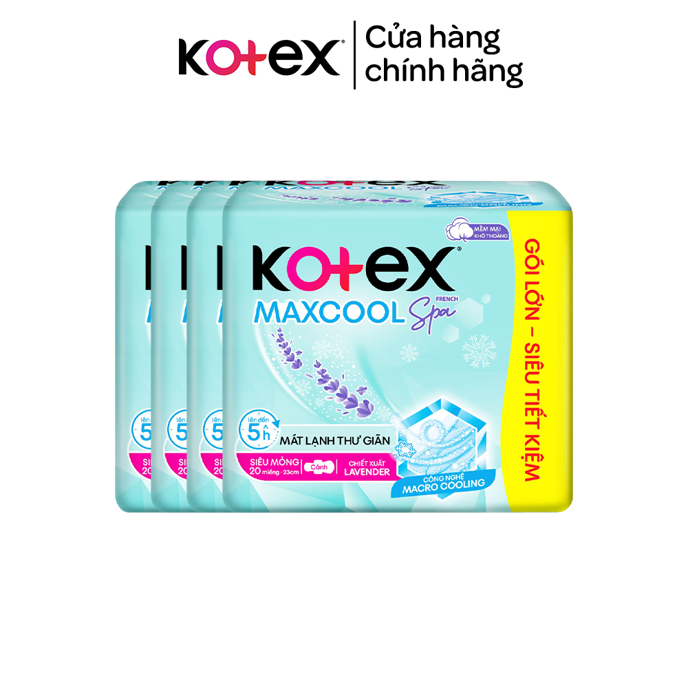 Combo 4 gói băng vệ sinh Kotex Maxcool French Spa Siêu mỏng cánh 23cm (20M/gói)