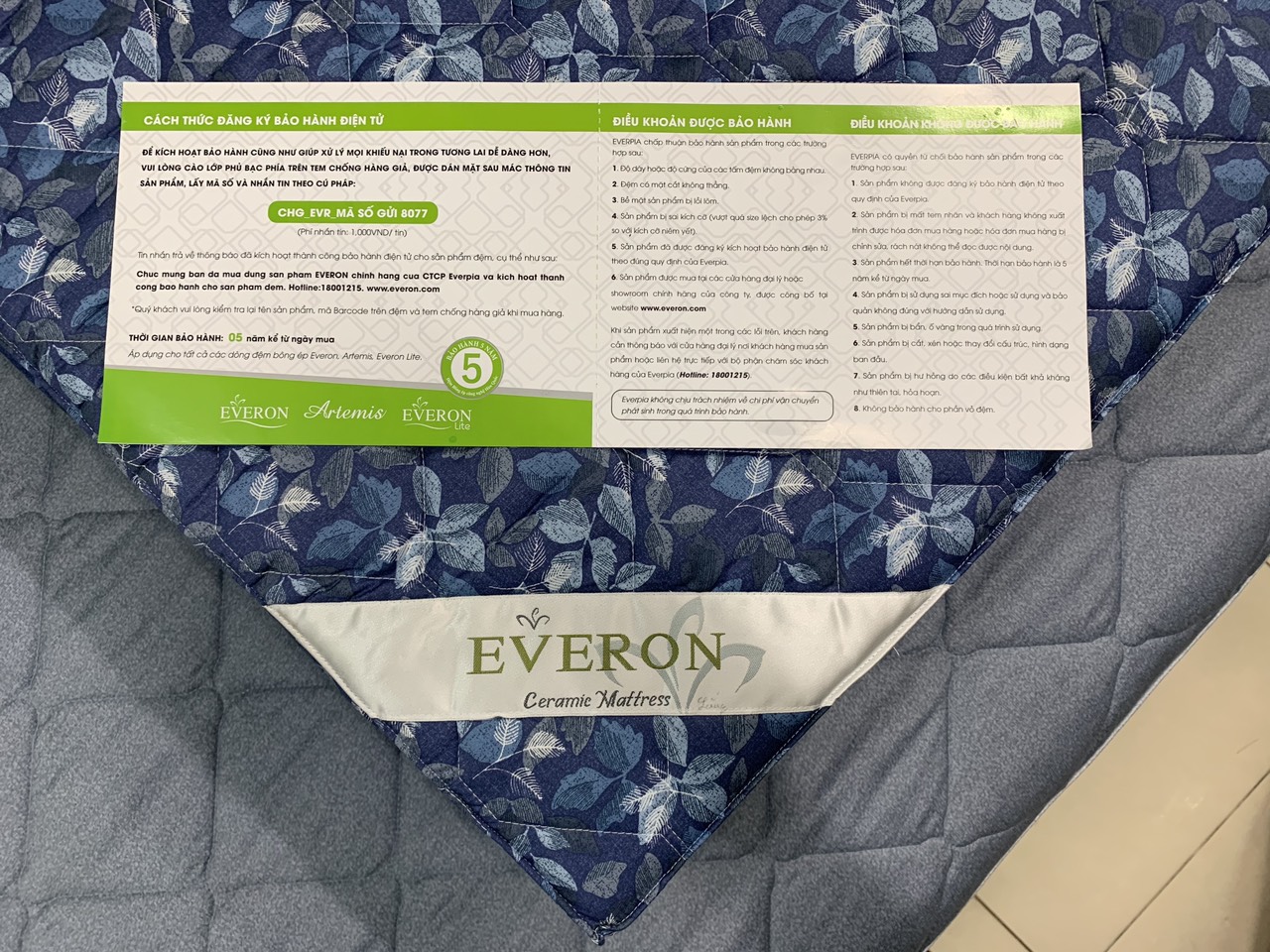 Nệm gòn Everon Ceramic ( vải cotton chần gòn cao 5cm màu ngẫu nhiên )