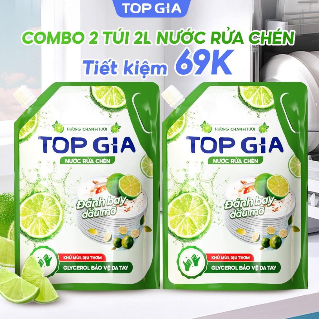 Combo 2 Túi 2L Nước Rửa Chén TOPGIA Thiên Nhiên, Làm Sạch Dầu Mỡ Hiệu Quả Và An Toàn Cho Da Tay