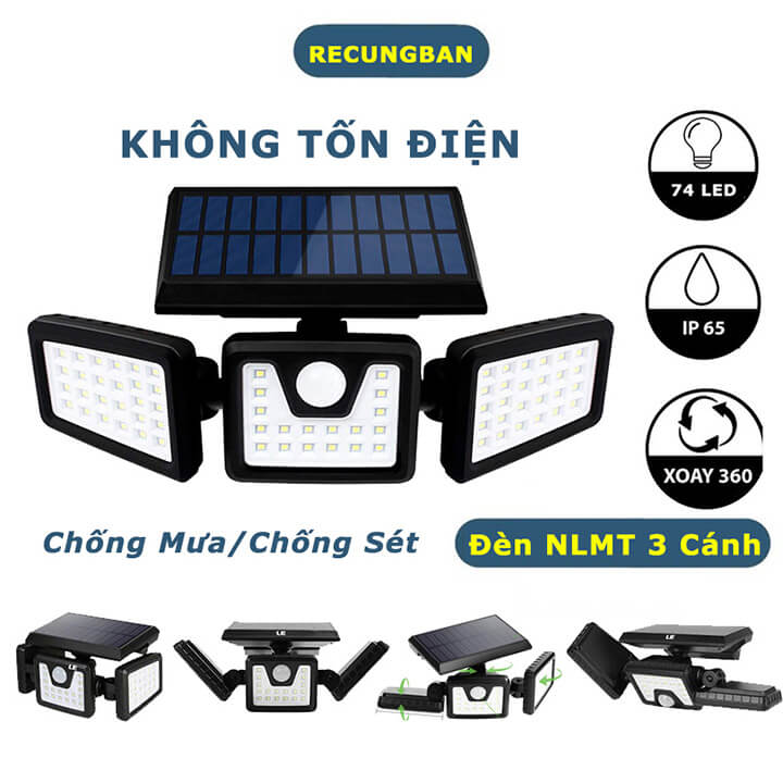 Đèn năng lượng mặt trời 3 cánh cảm biến chuyển động, cảm biến ánh sáng, chống nước IP65, pin 2400mAh