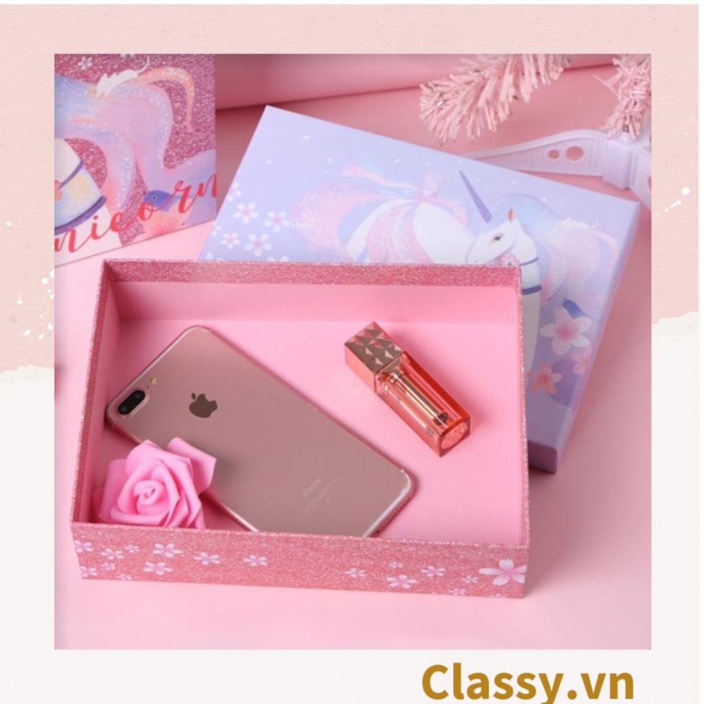 Túi giấy hoặc Hộp quà giấy cứng Làm quà tặng hoạ tiết chú Kỳ Lân màu hồng siêu dễ thương phong cách châu Âu Q974