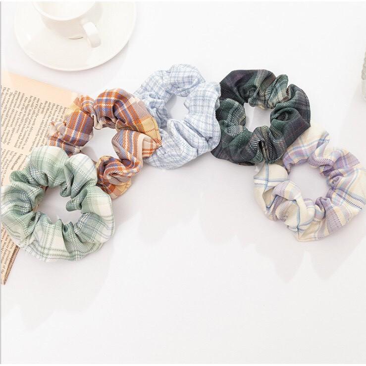 Dây buộc tóc,cột tóc scrunchies kẻ phồng Hàn Quốc nhiều màu