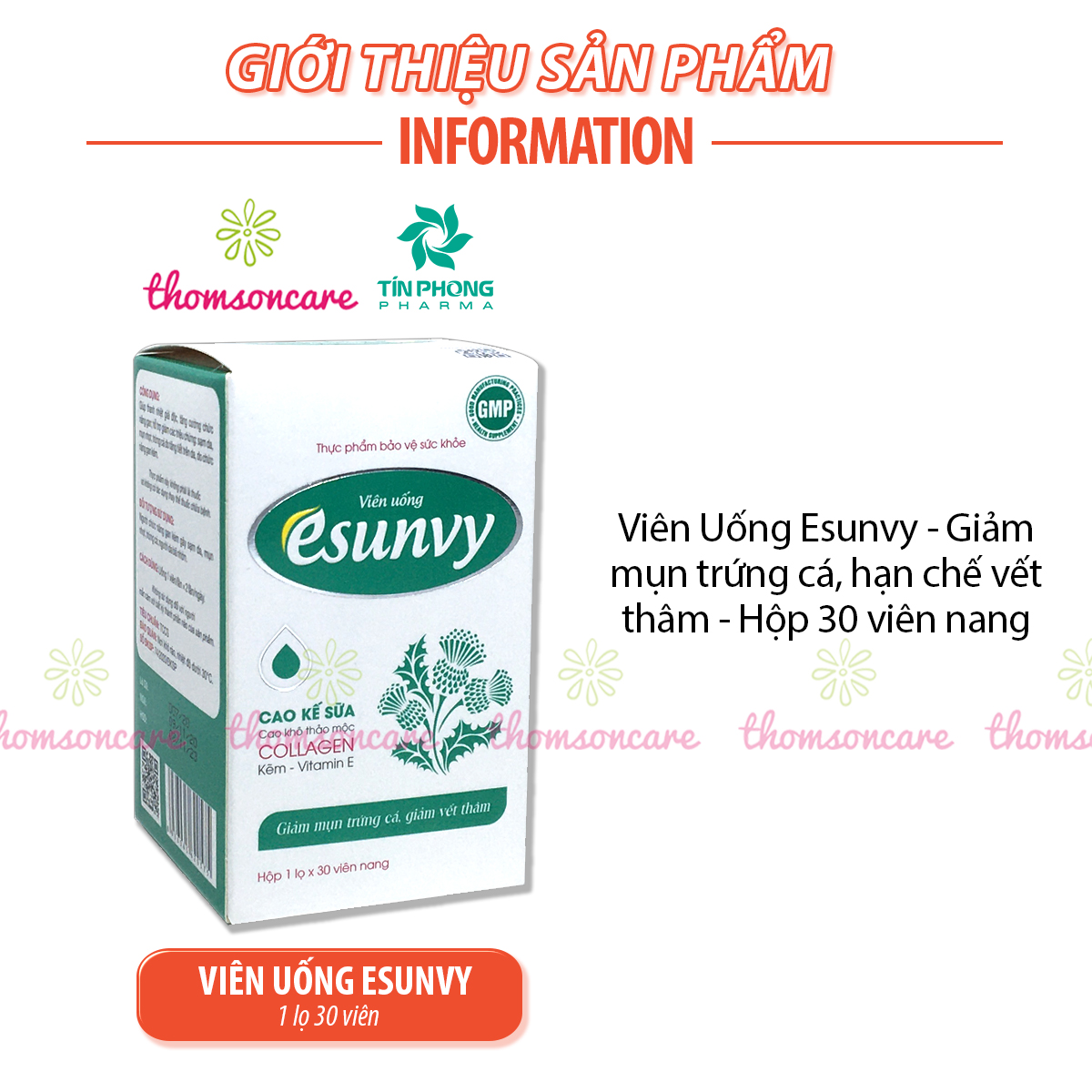 Combo giảm mụn trứng cá, nóng trong - viên Esunvy 30v, Vitamin C có kẽm 60v, DHC Kẽm 30v đẹp da - Giúp giảm mụn tăng đề kháng cơ thể , ngừa thâm ngừa mụn  giảm các triệu chứng sạm da Thomsoncare