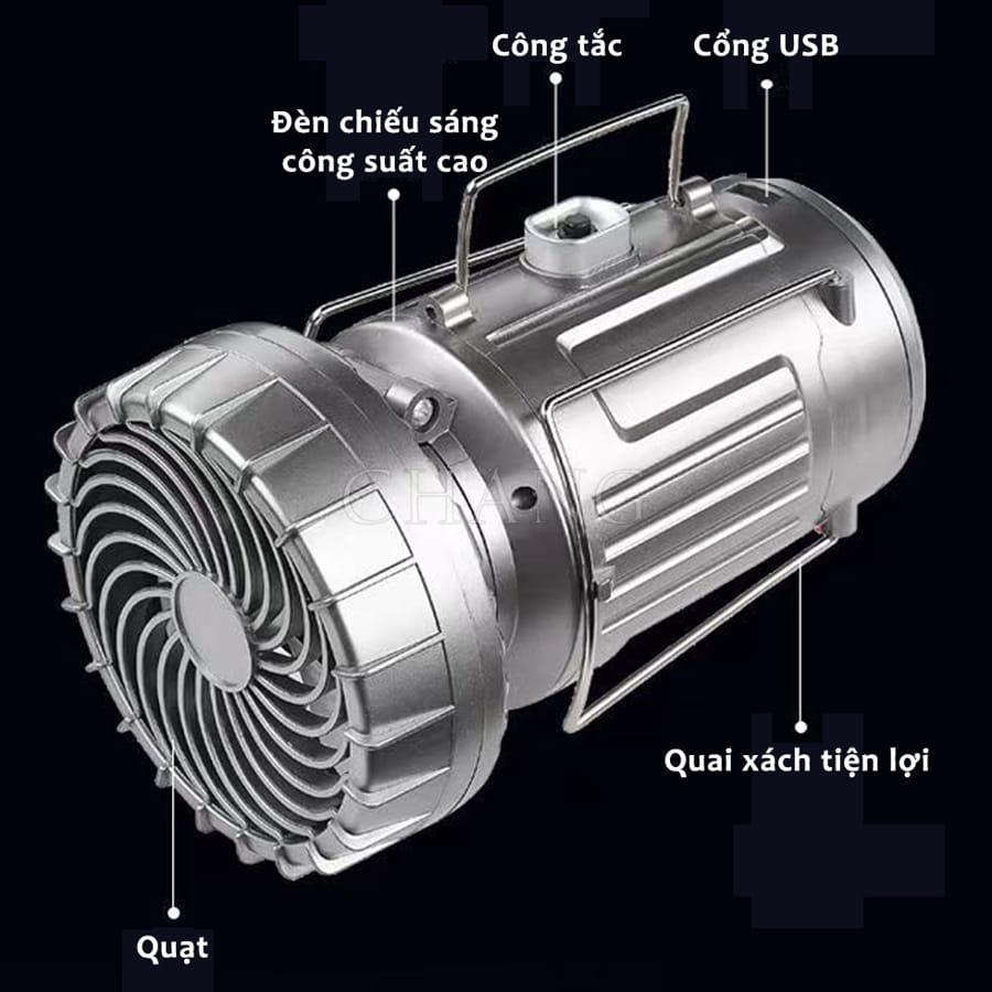 Đèn Tích Điện Năng Lượng Mặt Trời 3 in 1 Chống Nước, Đèn Pin Chiếu Sáng Tích Hợp Quạt, Sạc Dự Phòng Tiện Lợi Đi Dã Ngoại