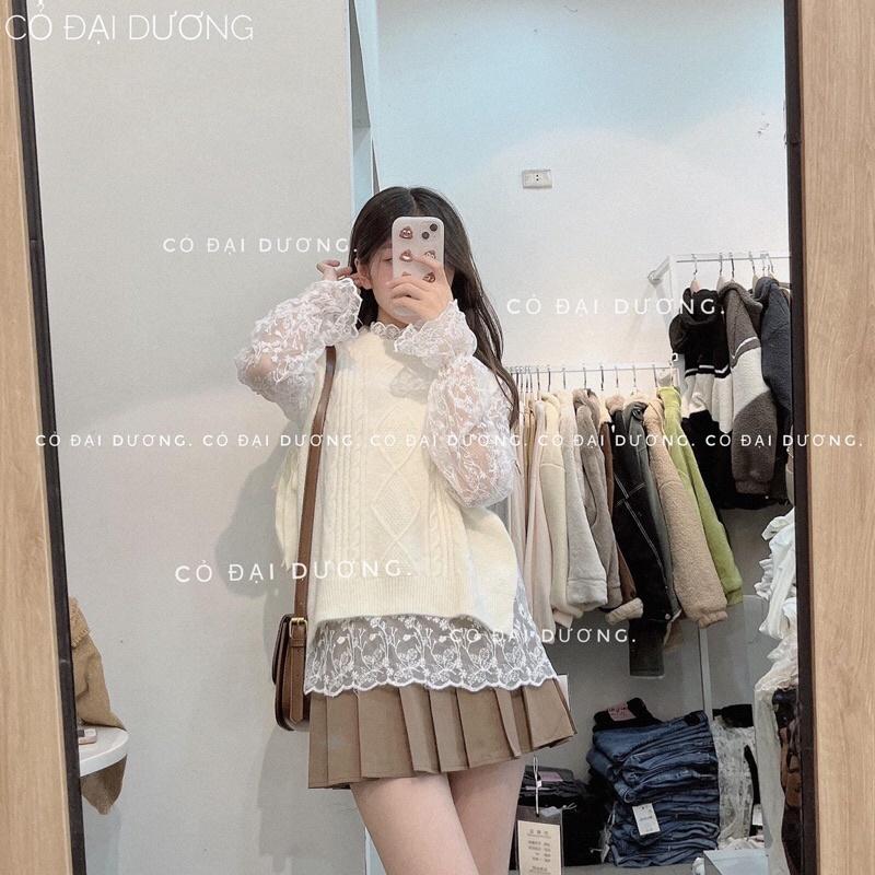 Set áo gile trơn buộc eo kèm áo ren cổ