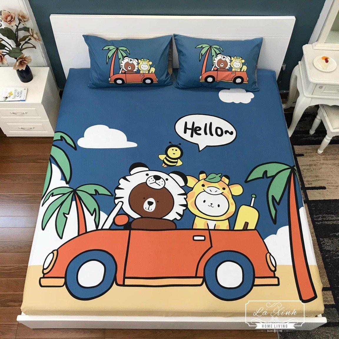 Bộ Drap Ga Bo Chun Kèm 2 Vỏ Gối Cotton Cao Cấp Hoạt Hình Ngộ Nghĩnh CHIPBED058