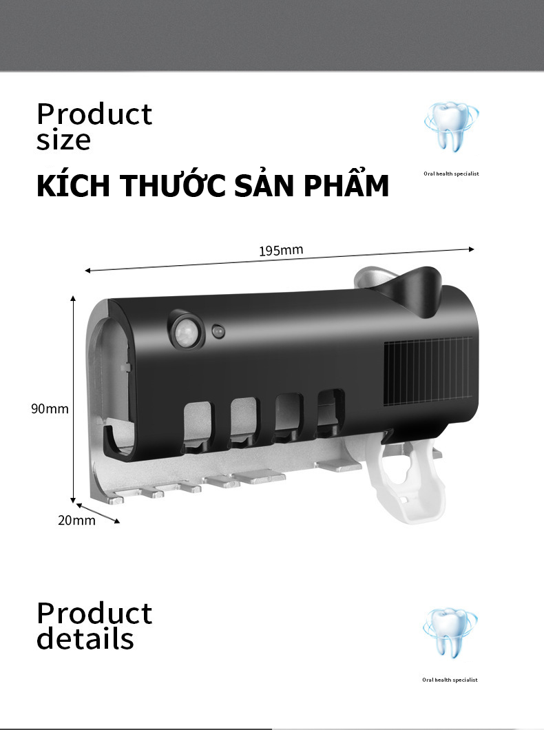 Giá treo bàn chải khử trùng bằng tia cực tím kèm bộ nhả kem đánh răng tiện lợi HD00024