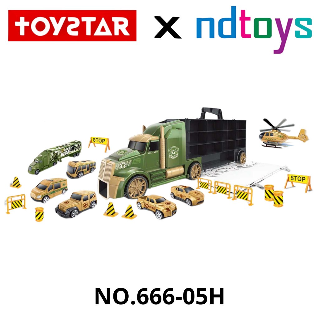 TOYSTAR - 666-05H Mô hình Bộ xe tải vận chuyển quân sự gồm 6 ô tô, 1 máy bay, 12 biển báo giao thông