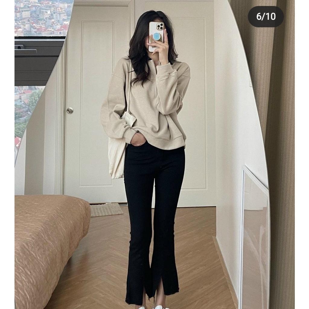 Quần Jean Ống Loe Lưng Cao Co Giãn Cắt Gấu Hàng Cao Cấp ThunderUnisex Quần Bò Ống Loe Rách Gấu Nữ Fullsize Co Giãn