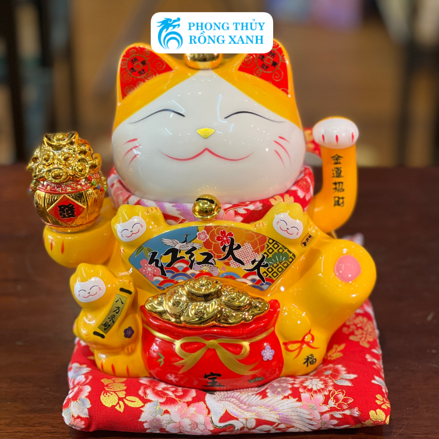 Mèo Thần Tài-Mèo May Mắn Chiêu Tài Đón Khách-Mèo Đại Phú Đại Quý Màu Vàng 8 inch-Gốm Sứ Cao Cấp