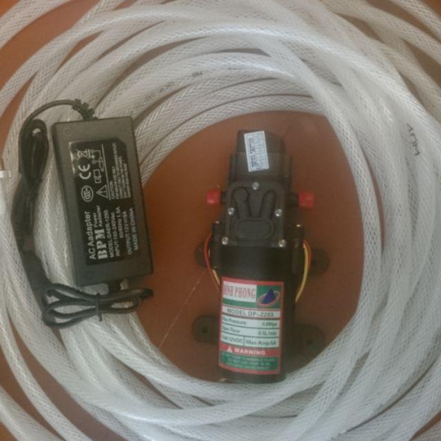 Compo máy phun sương đỉnh phong 1 máy 12v60w. 1 adapter 12v5a .40m dây phun .21 bec phun và 1 đầu lọc