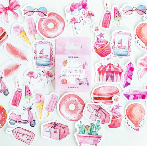Hộp 46 Miếng Dán Sticker Hình Cây Cherry Màu Hồng Xinh Xắn Trang Trí Sổ Thiệp