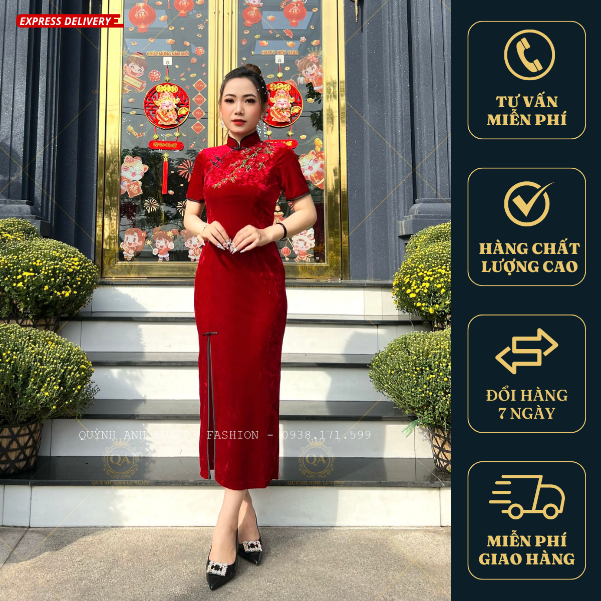 Đầm Sườn Xám Lụa Nhung Tuyết Đỏ Trung Hoa Sang Trọng Nenito Dress