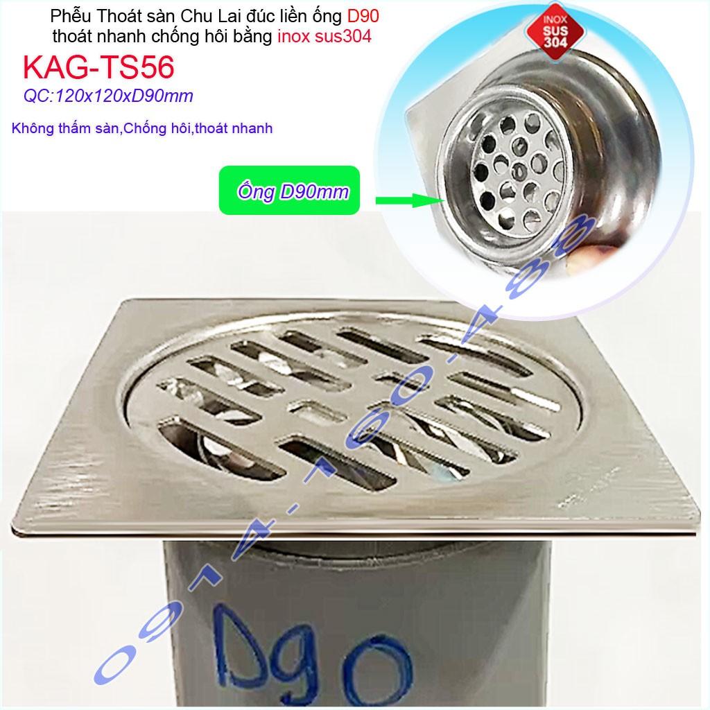 Phễu thoát sàn Chu Lai 12x12cm KAG-TS56-D90, hố ga Thoát sàn ống 9cm SUS304 inox đúc dày thoát nhanh chặn tóc tốt