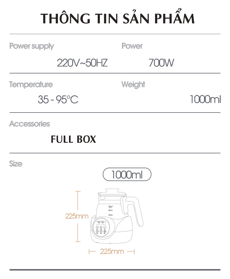 Bình đun nước siêu tốc, máy hâm nước pha sữa đa năng cảm biến, điều chỉnh nhiệt độ, Khử Clo trong nước, giữ ấm 24h