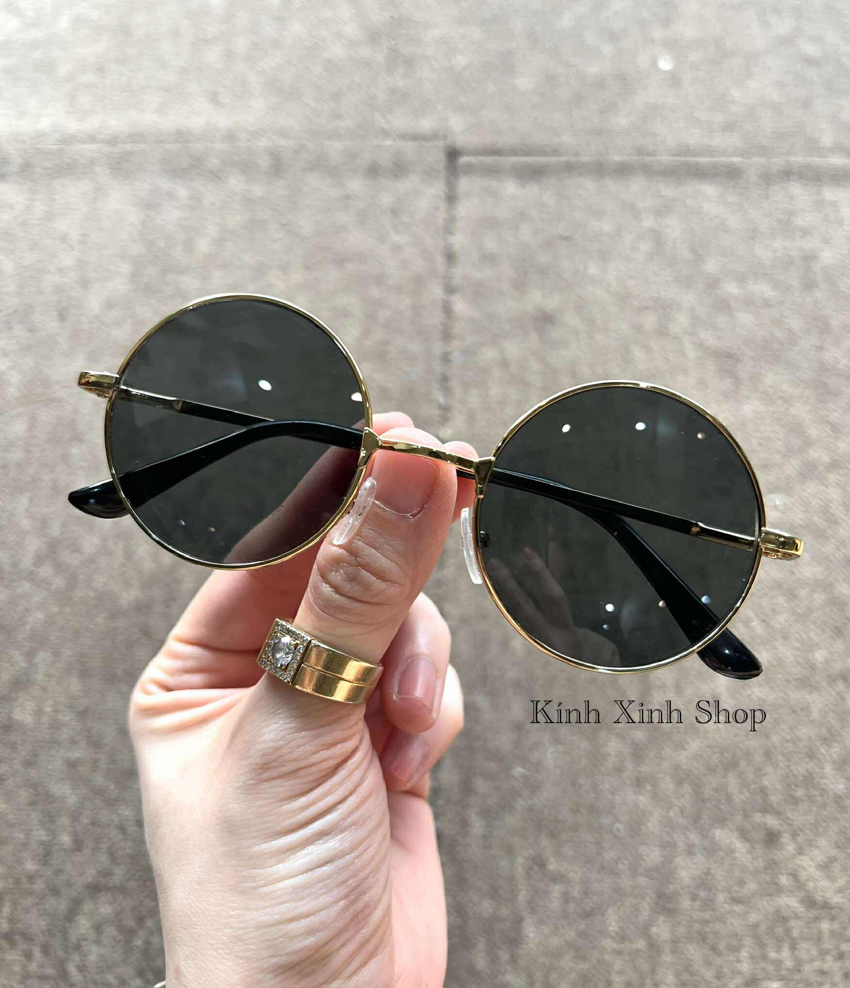 Kính râm Mắt tròn form nhỏ Mắt thủy tinh gọng kim loại vàng cao cấp