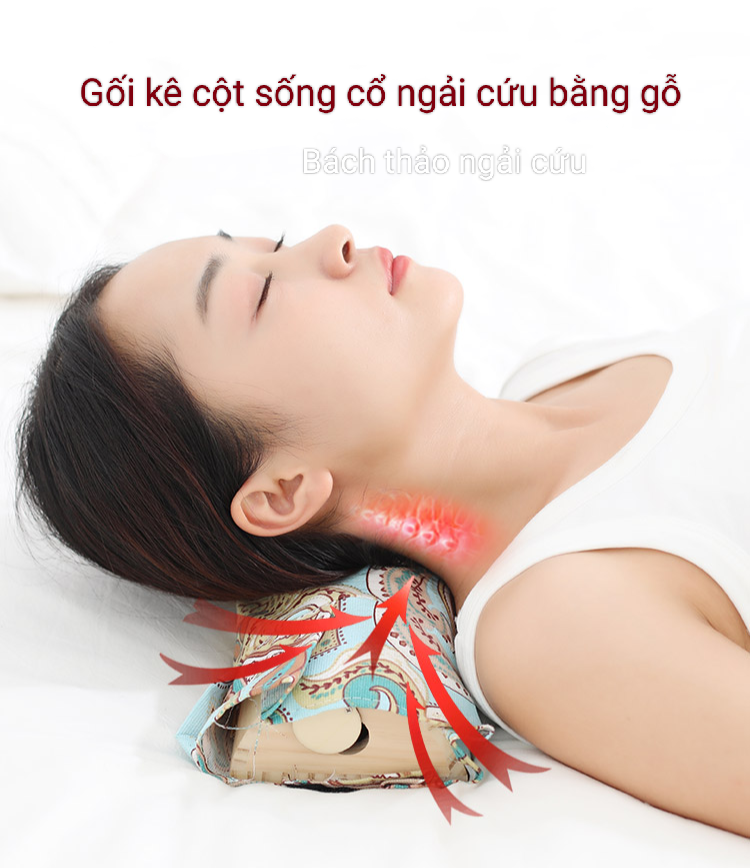 Gối kê cột sống cổ ngải cứu bằng gỗ. Gối gỗ cứu ngải nâng đỡ và chườm cứu ngải Bách Thảo ngải cứu