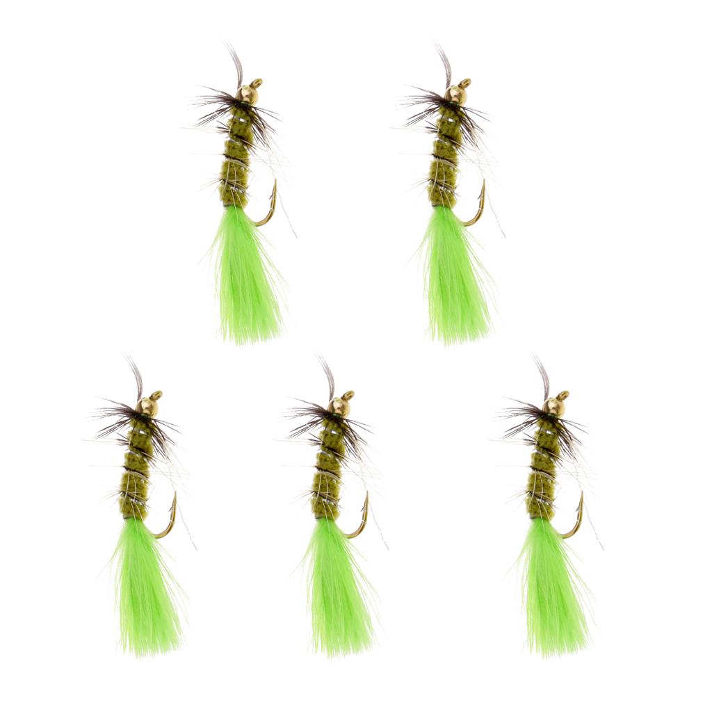 5pcs Green Brass Bead Head Streamers Fly Fishing Flies Saltwater Fly Trout Fishing Lure Baits