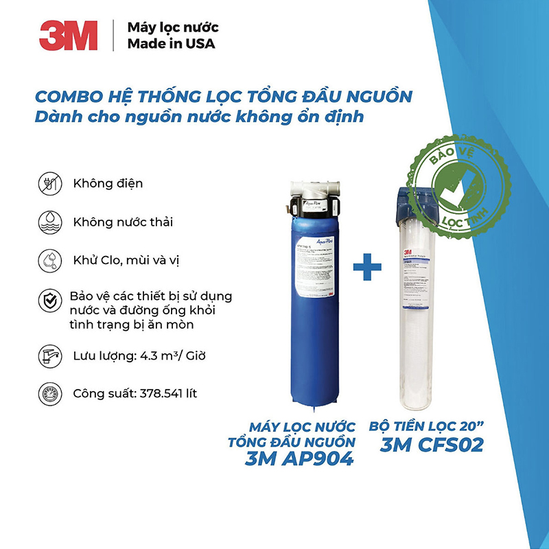 Máy Lọc Nước Tổng 3M PREMIUM AP904 Gấp Đôi Khả Năng Xử Lý Cặn Bẩn, Nước Sạch Sinh Hoạt Chuẩn Mỹ - Nhập Khẩu Mỹ, Hàng Chính Hãng 3M