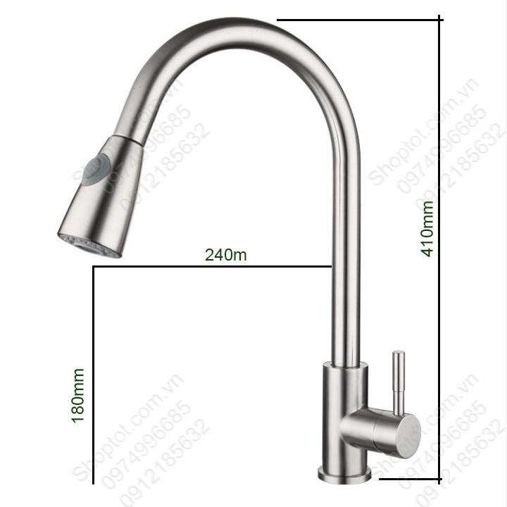 Vòi chậu bếp nóng lạnh có thể kéo dài, bằng inox 304 dày, đầu vòi 2 chế độ