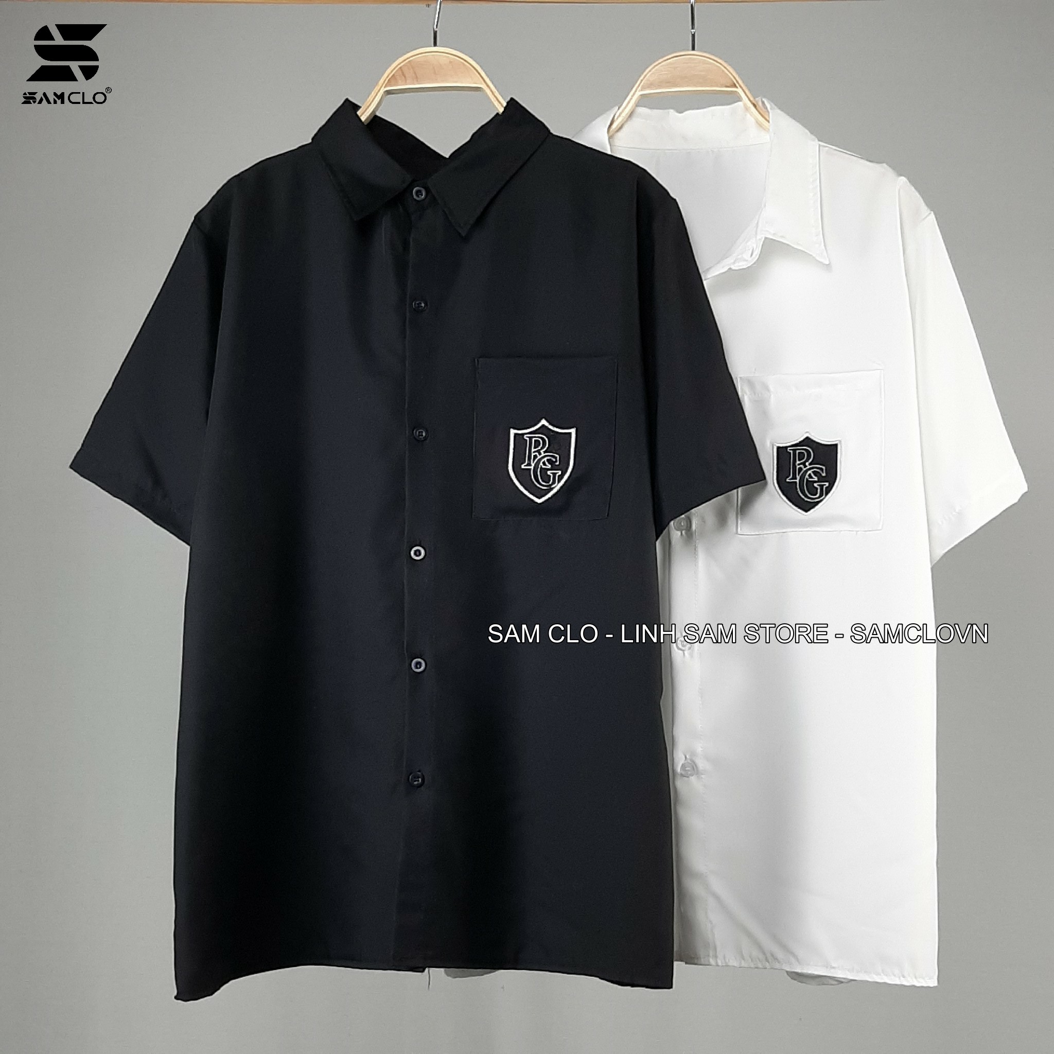 Áo sơ mi học sinh nữ tay ngắn - lỡ, form ulzzang freesize unisex, dáng rộng, mặc đi học, thêu LOGO RG