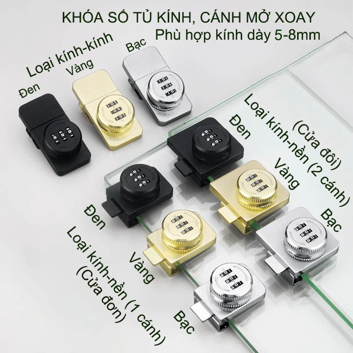 Khóa số tủ kính bằng hợp kim, loại 1 hoặc 2 cánh mở xoay, có thể thay đổi mã số