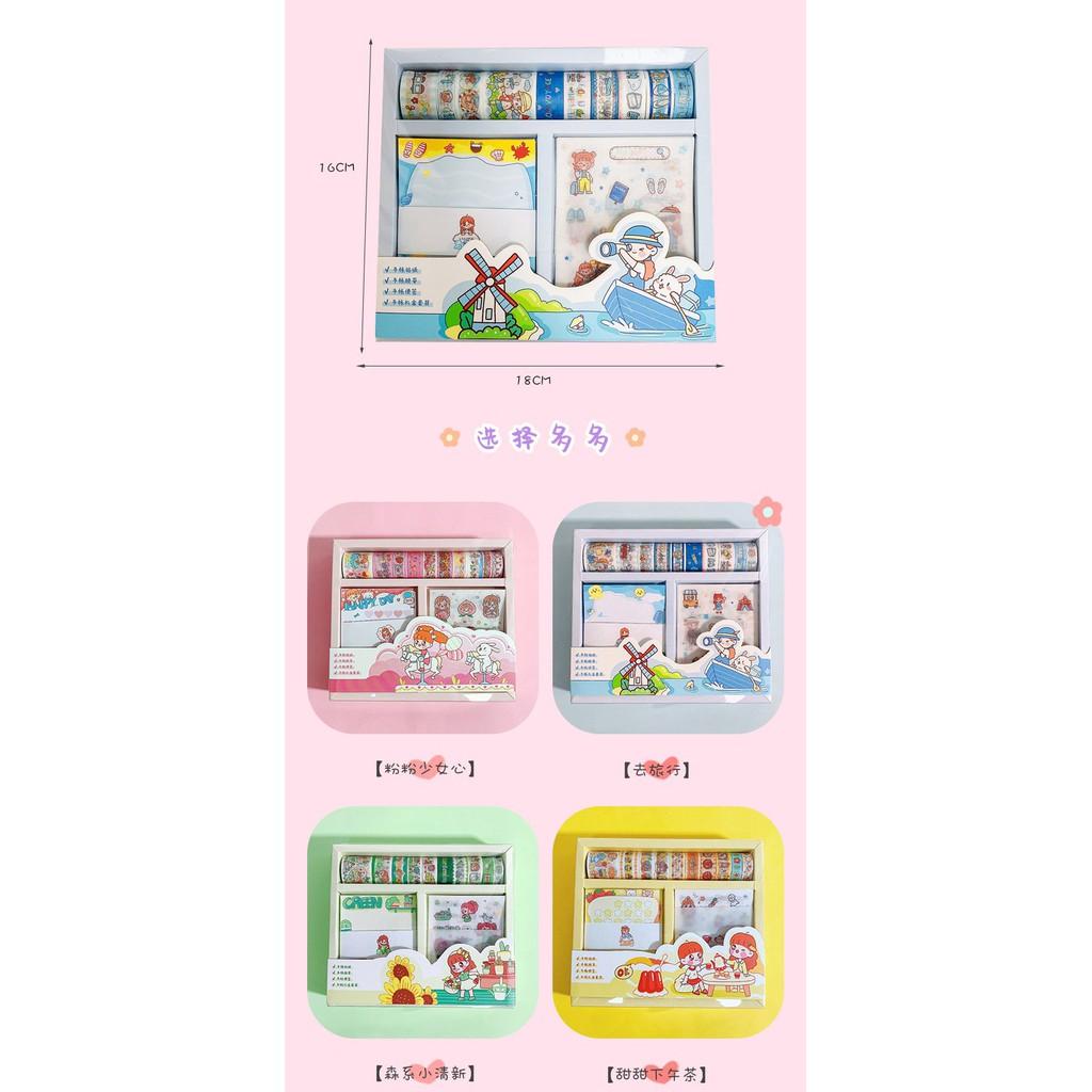 Set Hộp Washi Tape + Sticker + Giấy Note Siêu Cute