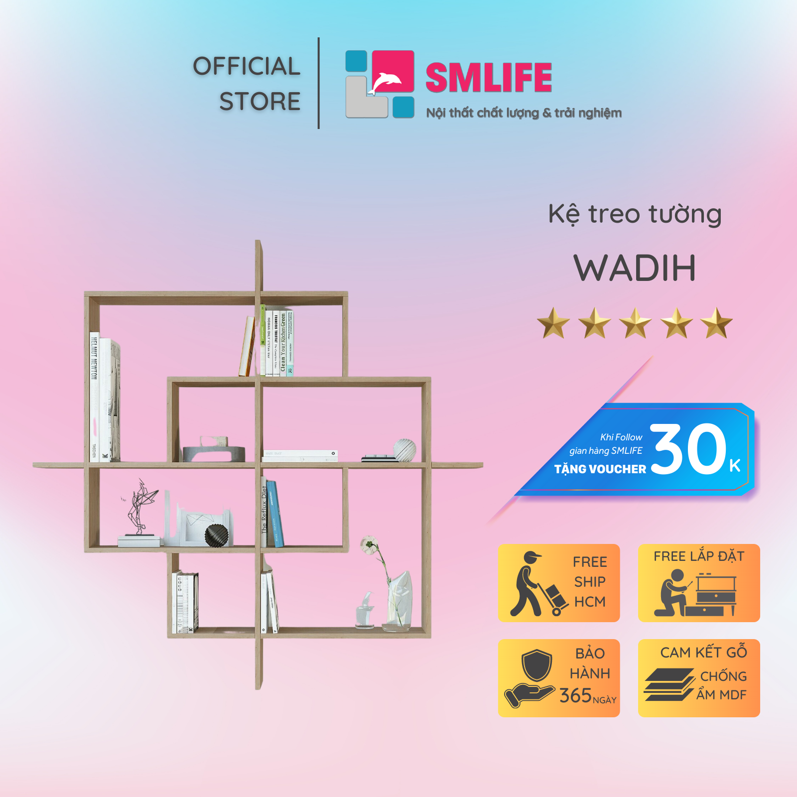 Kệ gỗ trang trí trưng bày hiện đại SMLIFE Wadih