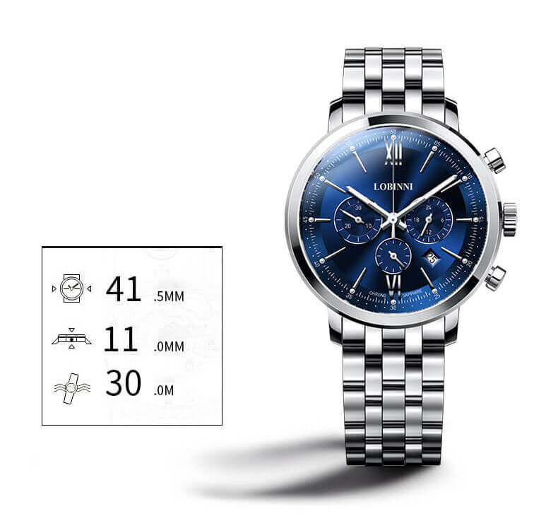 Đồng hồ nam chính hãng LOBINNI L3605-1 hàng mới 100% ,kính sapphire chống nước,chống xước,dây kim loại thép không gỉ 316L ,kiểu dáng thể thao ,mặt xanh 3 núm