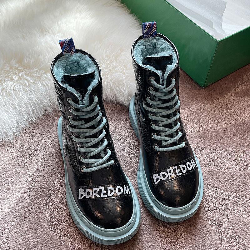 Ins online Giày bốt martin da đế bằng phối màu thời trang cá tính cho nữ