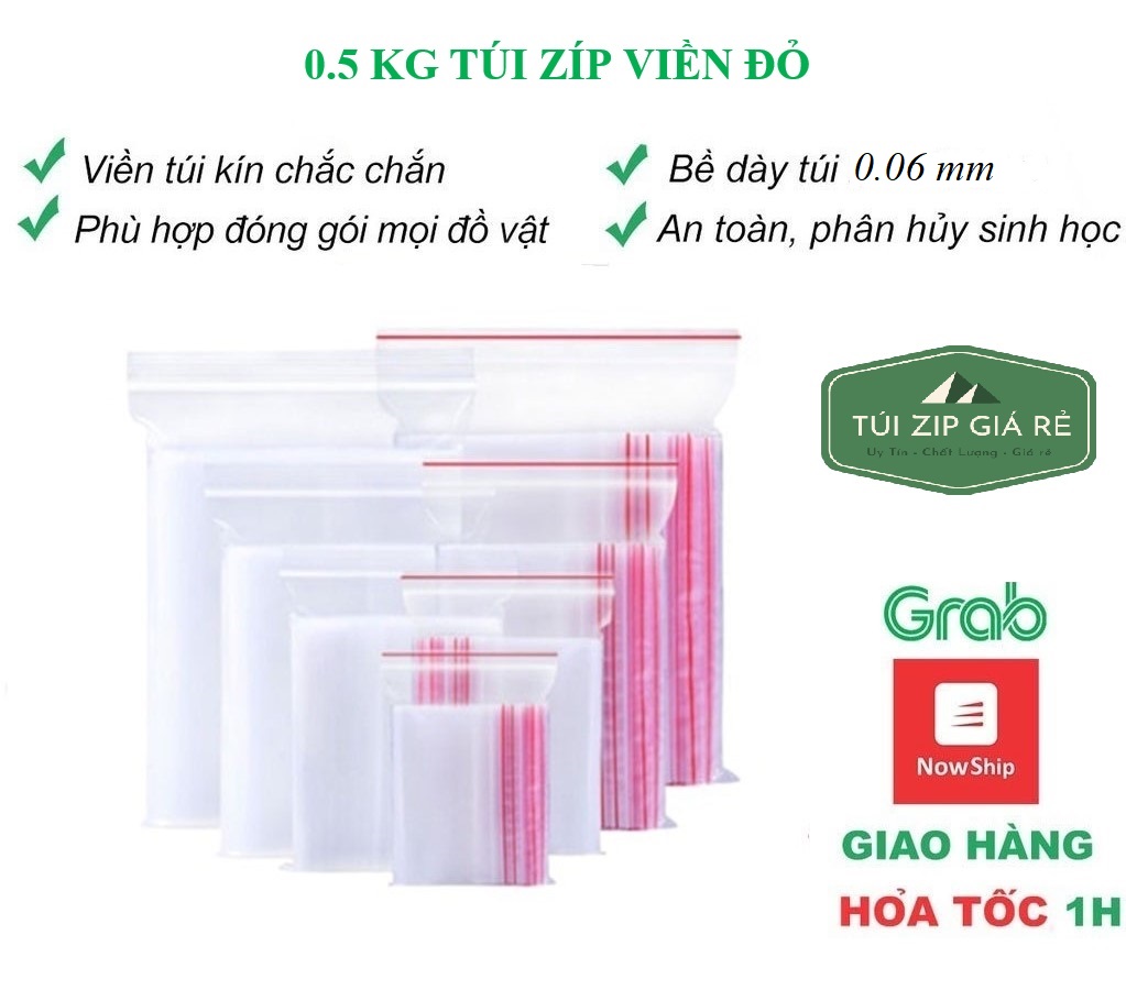 Túi zip chỉ đỏ khóa đựng hàng bấm miệng loại mỏng 0.06mm nhiều kích thước - 1kg