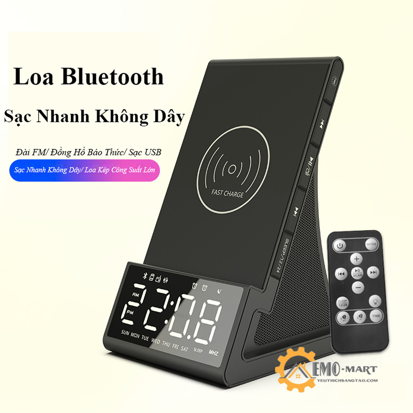 Đồng Hồ Báo Thức Kiêm Sạc Nhanh Không Dây Cao Cấp, Loa Bluetooth Để Bàn