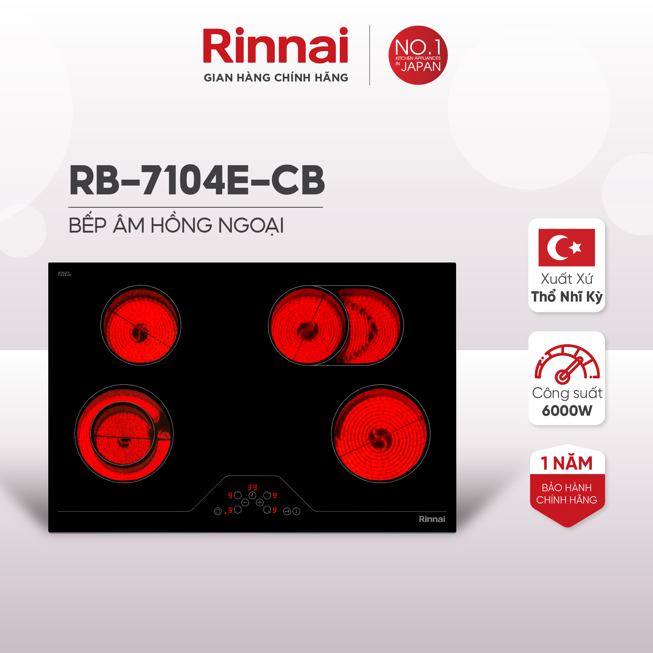 Bếp hồng ngoại Rinnai RB-7104E-CB mặt kính Schott 6000W - Hàng chính hãng.